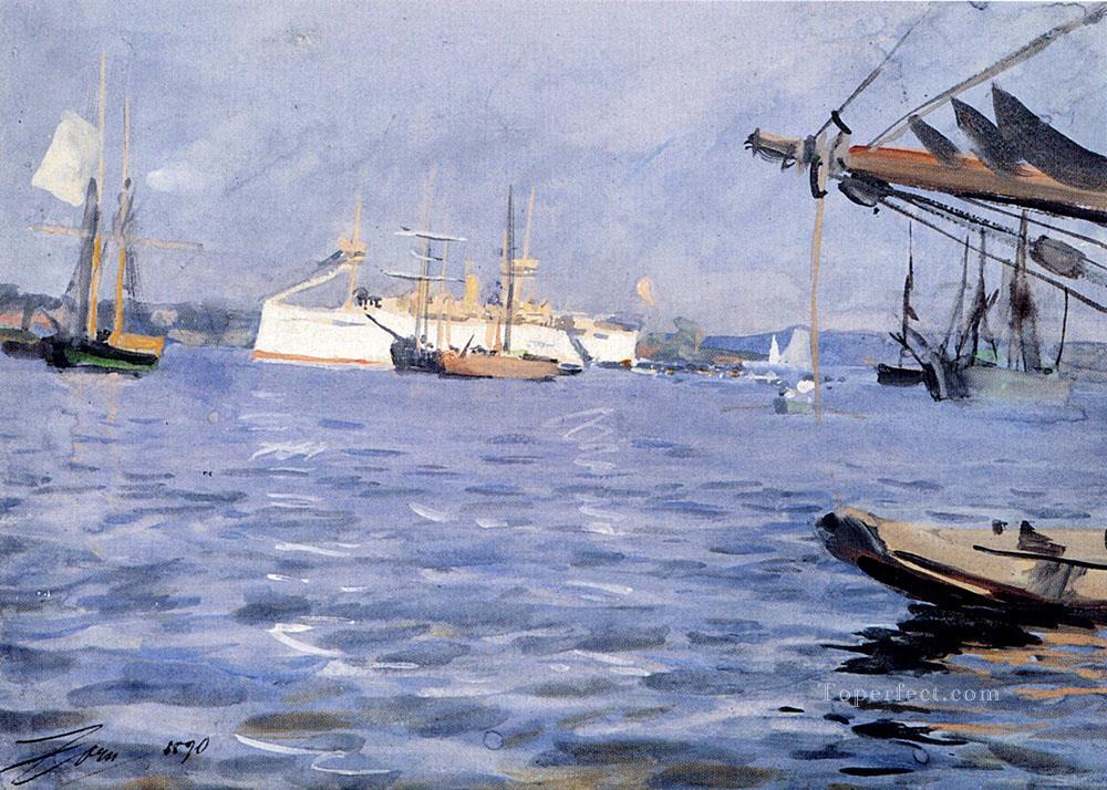 ストックホルム港の戦艦ボルチモア アンダース・ゾーン油絵